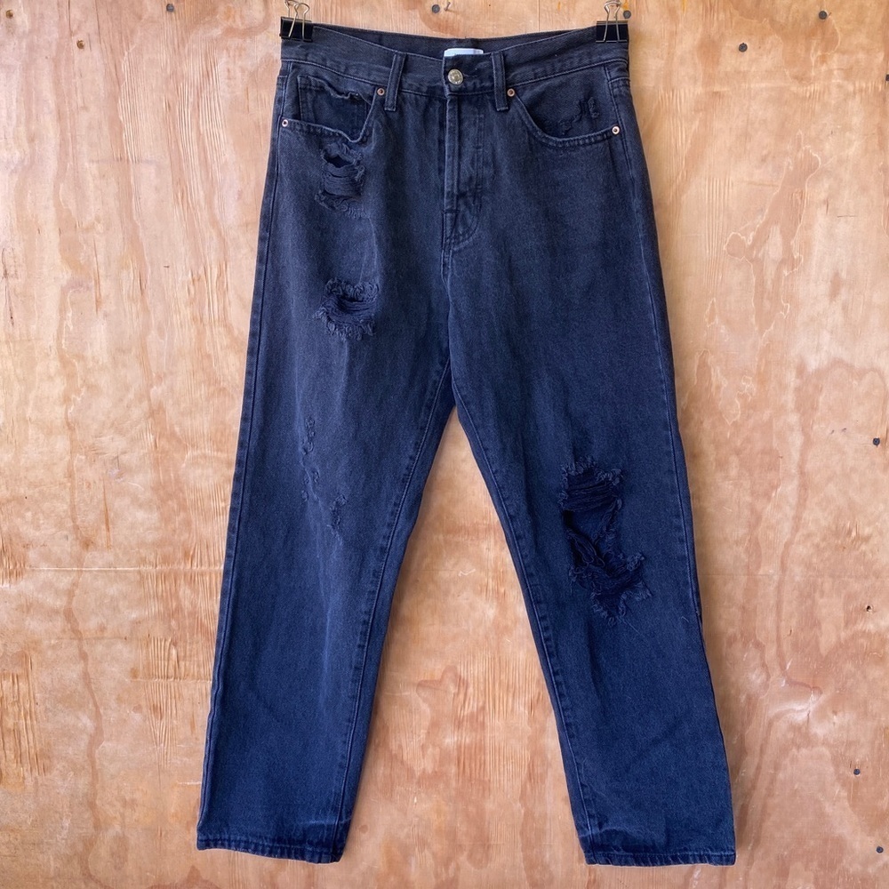 Forever 21 Black High Waist Straight Leg Rigid Distressed Denim Jean